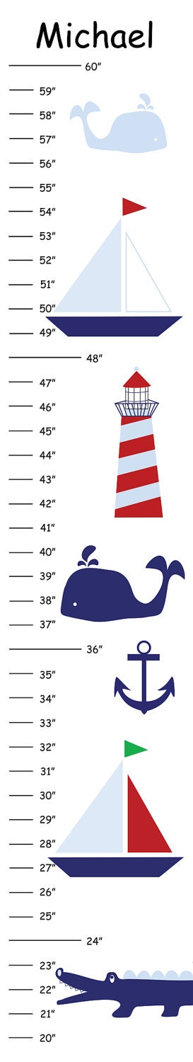 Personalized Preppy Navy Sailboats Canvas Growth Chart - Ribbon