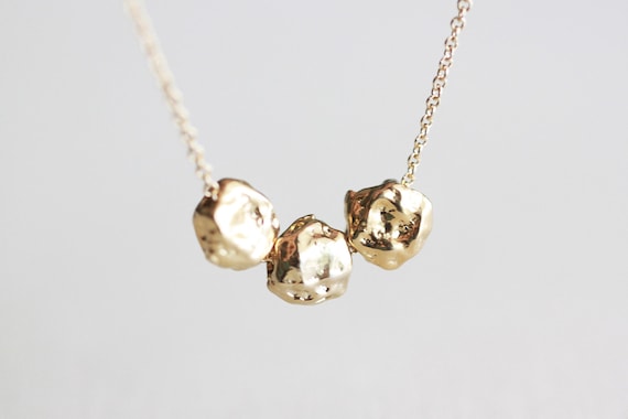 Gold Nuggets Necklace - small golden nugget trio on 14k gold filled necklace by petitor, stocking stuffer