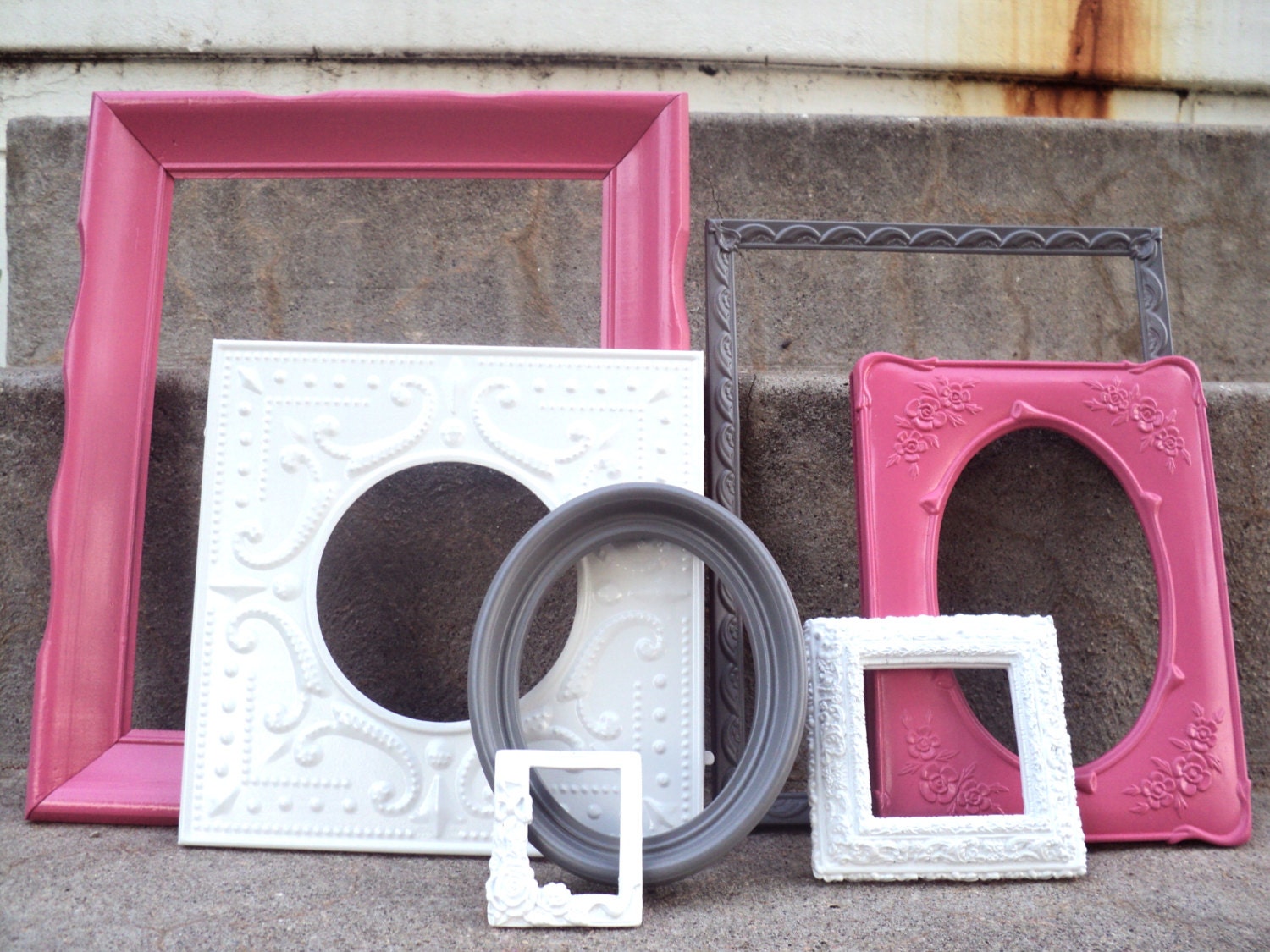 Large Pink Gray Grey and White Picture Frame Set