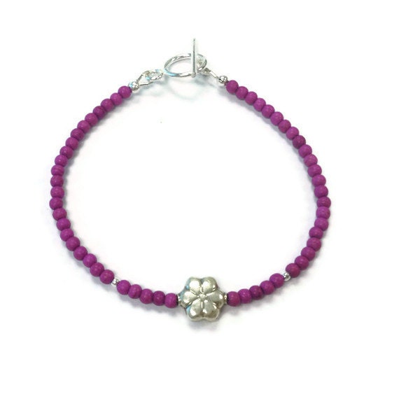 Pink Bracelet Turquoise Gemstone Jewellery Sterling Silver Jewelry Fuschia Magenta Flower Layer Stack Thin Skinny Fashion B-287 288