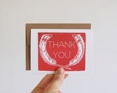 Feather Thank You cards, tomato red, folded 4bar notecards