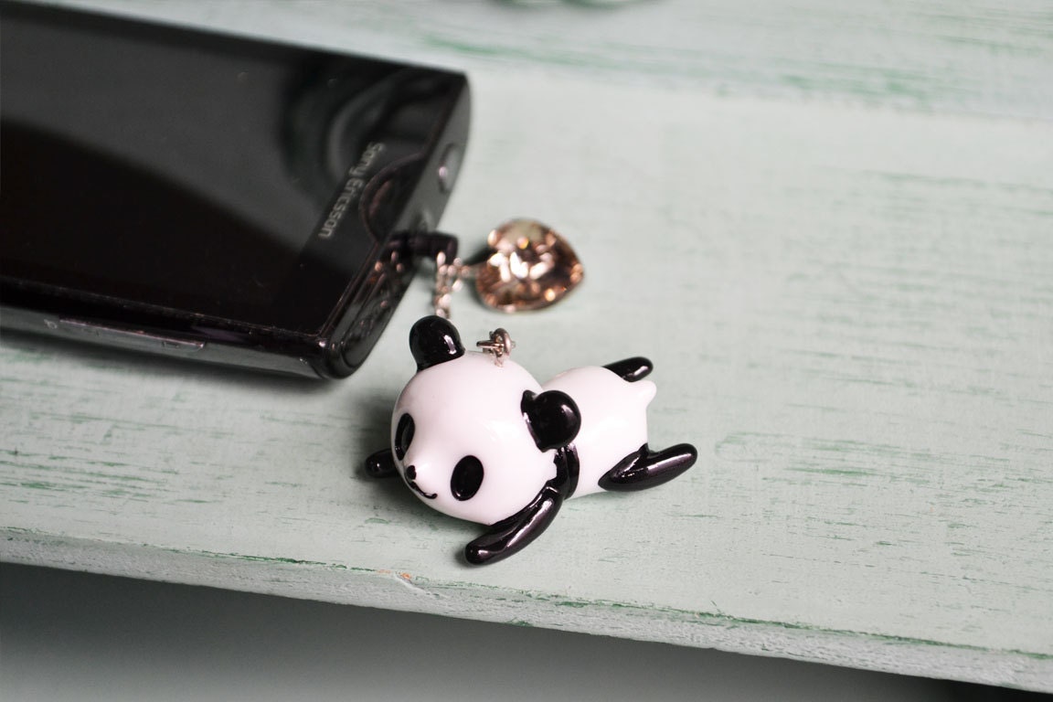 Panda and Gray Glass Heart Cell Phone Charm
