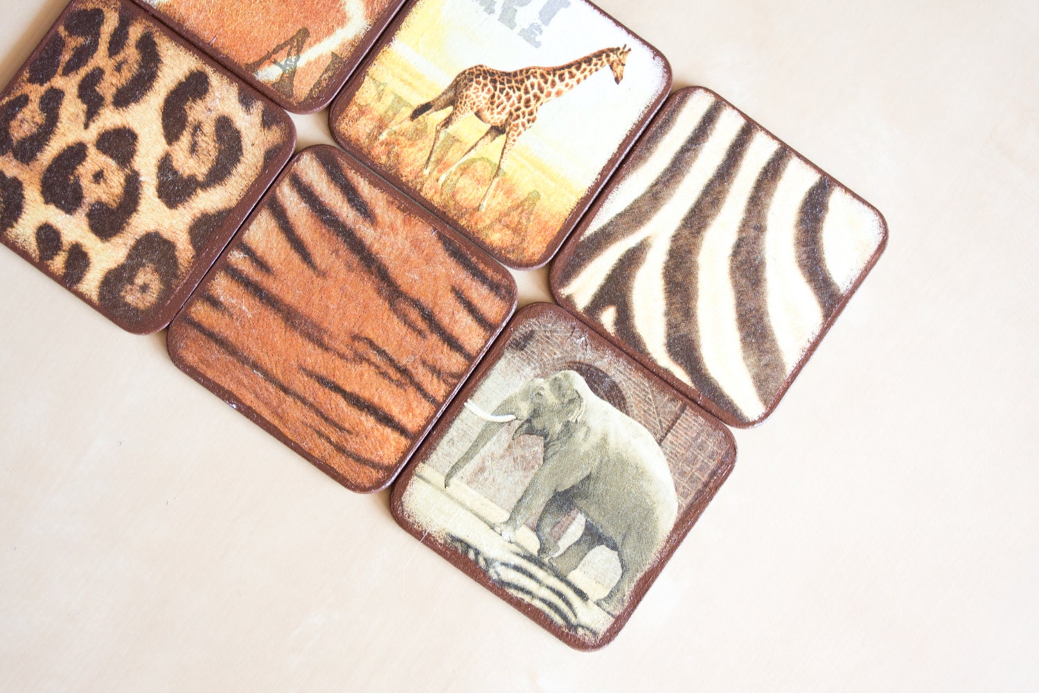 African Coasters, Decoupage Rustic Safari Coasters, Wood Wooden Set of 6, Hostess Gift ohtteam