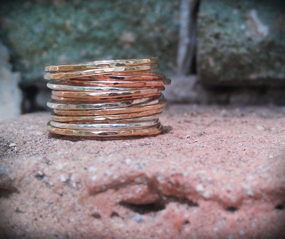 Stack Rings- Mixed metals set of 12 hammered rings- rose gold, gold, and sterling silver