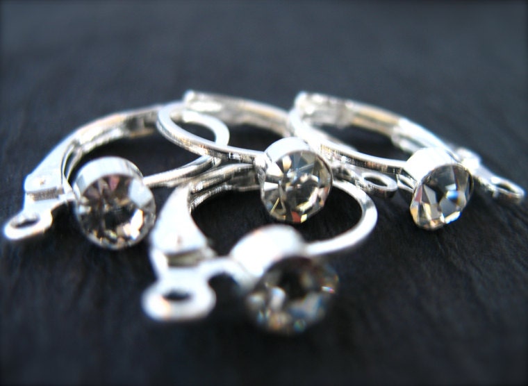 Silver Leverback Earring Wires, Rhinestone Crystal, Silver Plated Over Copper, 3 Pairs
