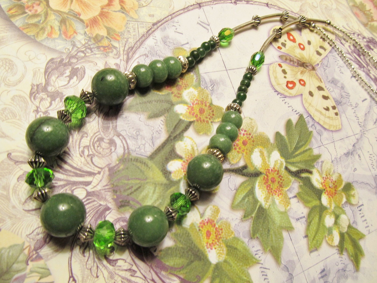 Vibrant Green Jade and Green Crystal Necklace