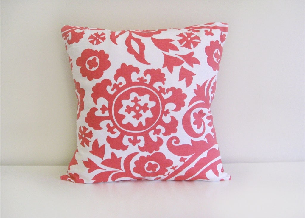 Suzani Throw Pillow Cover. One 16 X 16 Inch. Coral and White Suzani