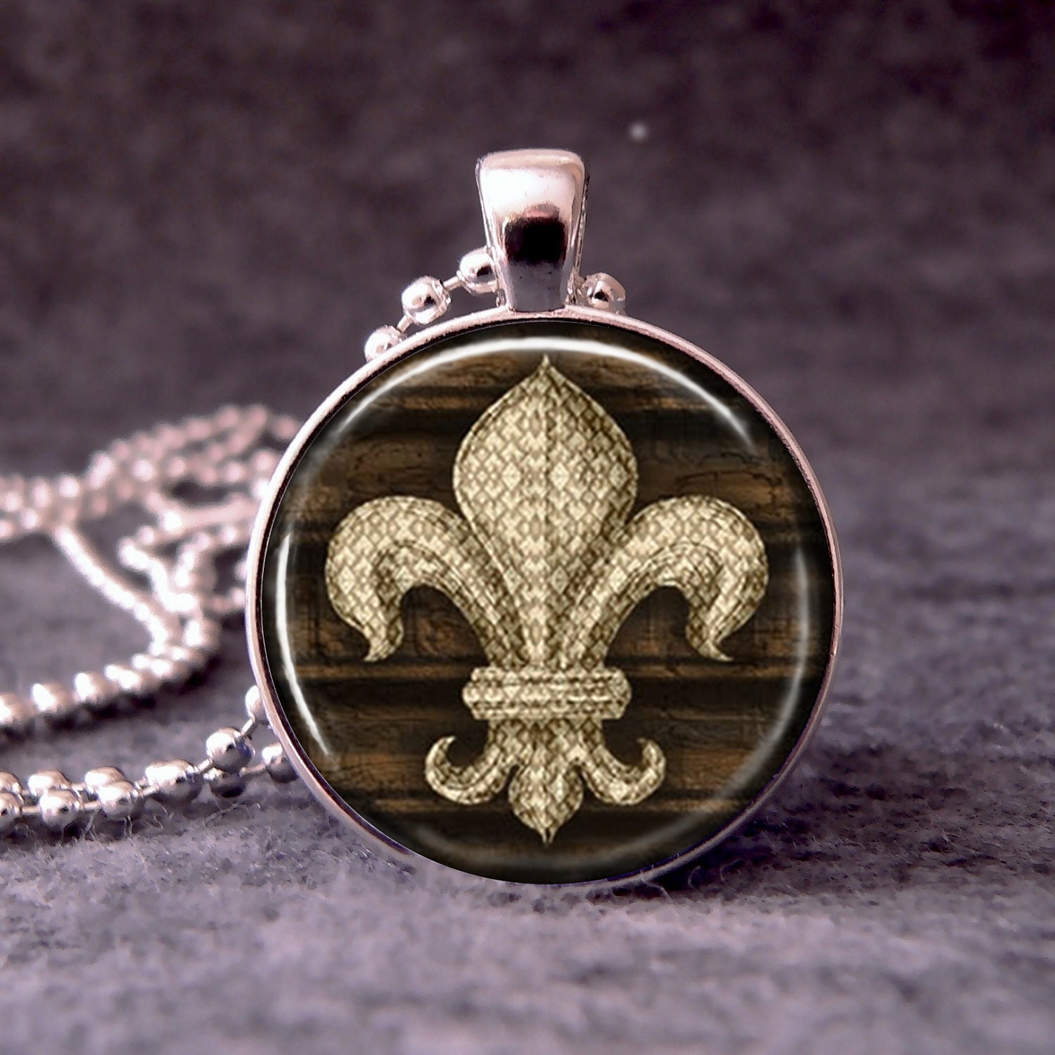 Fleur De Lis French Brown Altered Art Pendant,  Photo Pendant, Glass Dome Pendant Necklace, no. 031-4