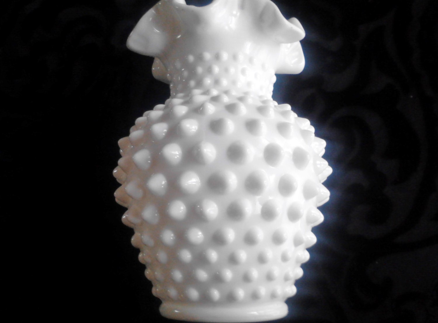 Vintage Hobnail Milk Glass Vase with Ruffled Edge by Fenton - Wedding Decor Home Decor