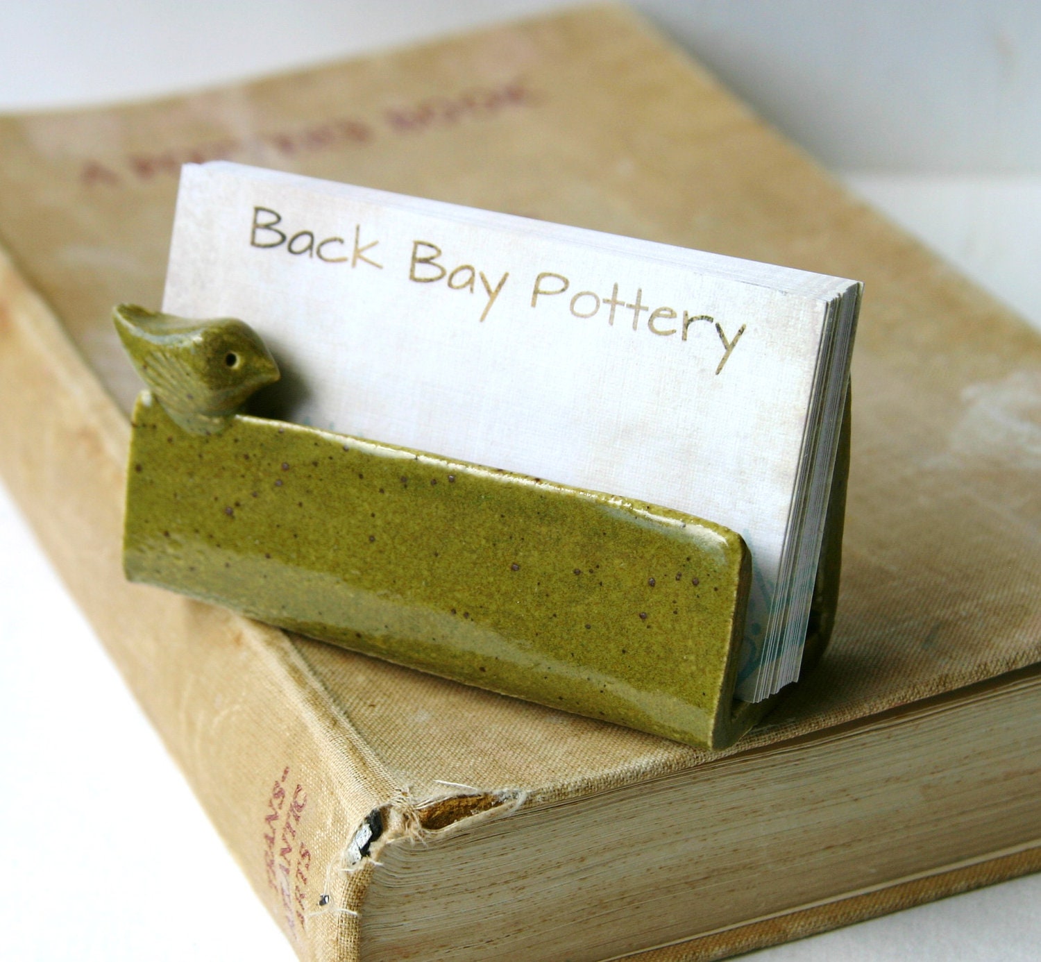 Ceramic Business Card Holder - Little Bird - Olive Green - French Country