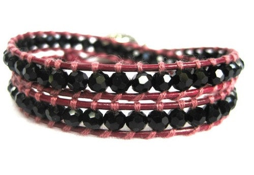 Burgundy and Black Beaded Leather Bracelet- Double Wrap