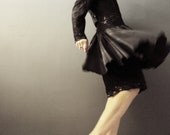 Black Sequins Lace 80s Rock Chick Dress Peplum Asymmetrical Circle Skirt New Years Dress - VictoriaWestbury