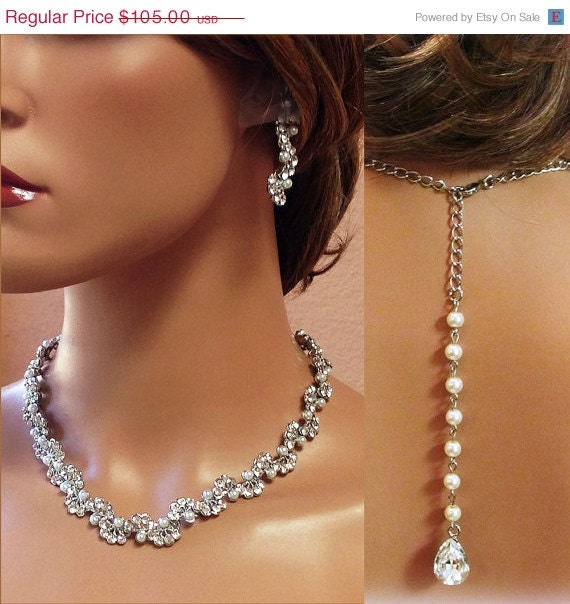 Bridal jewelry , Bridal back drop bib necklace , Modern vintage inspired rhinestone pearl bridal statement, bridesmaid jewelry