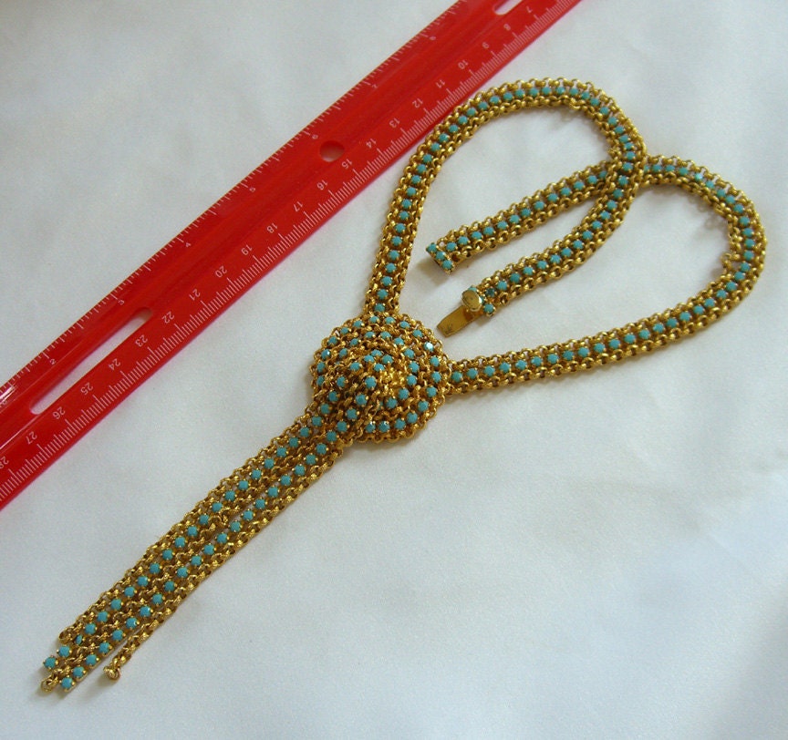 Miriam Haskell Style Necklace Turquoise Rhinestones Waterfall Mesh Vintage 1940s Jewelry