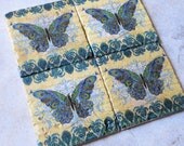 Coasters - BUTTERFLY FEATHERS Tumbled Italian Travertine Stone Coasters, Set of 4, Butterfly & Feather decor, Home Decor, Kitchen Decor