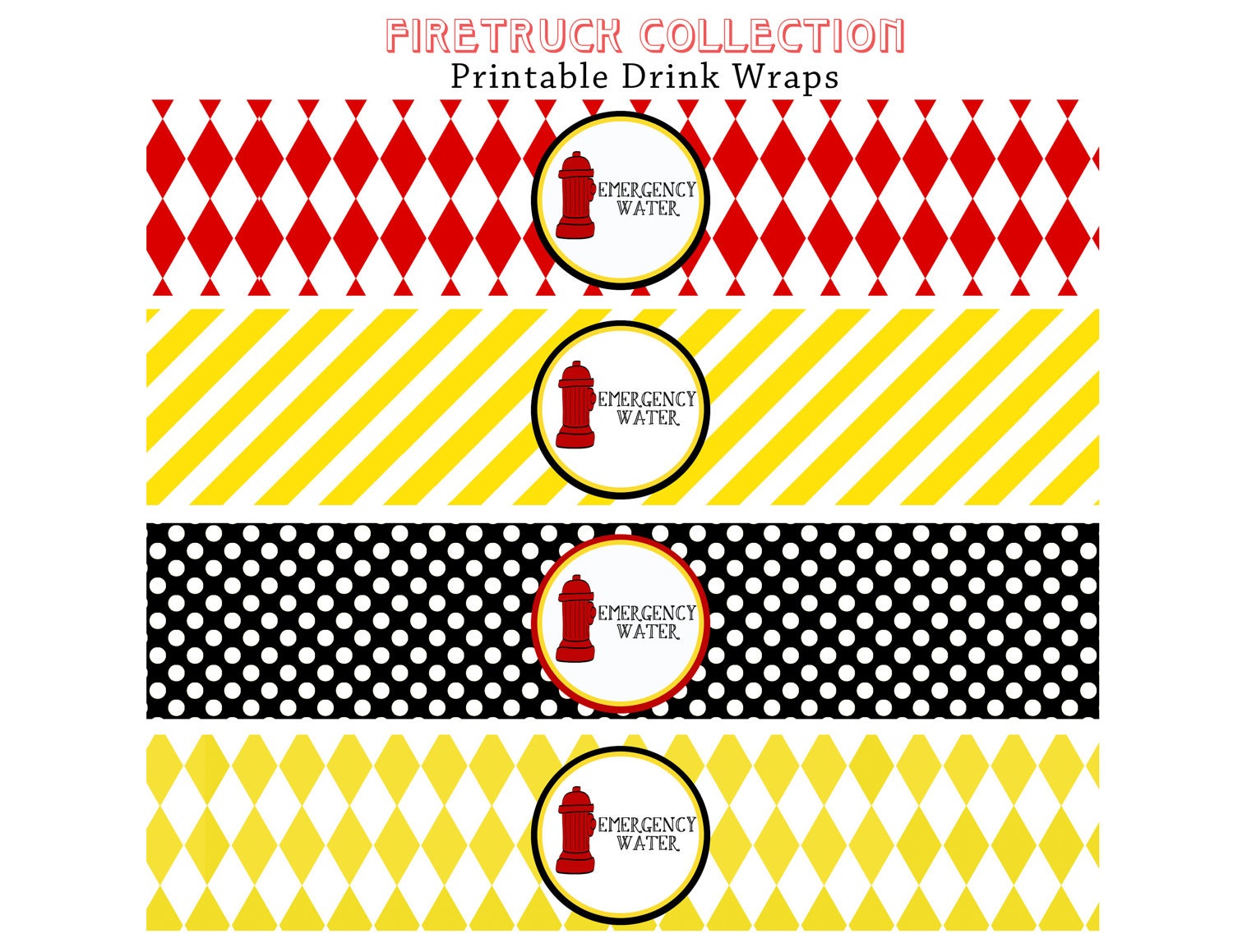 WATER BOTTLE Wraps - FIRETRUCK Birthday - Printable Libby Lane Press Il_570xn