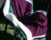 Crochet Purple Popcorn Diamonds with Teal Black and Cream Stripes Afghan Blanket Bedspread