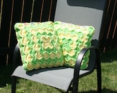 Two Decorative Crochet Catherine's Wheel Throw Pillow Covers in Yellow and Green With Colorful Fish Buttons