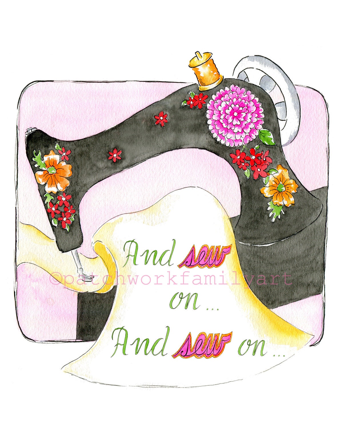 Vintage Style Illustration " And Sew On"  Print 8 x 10 inch Sewing Machine