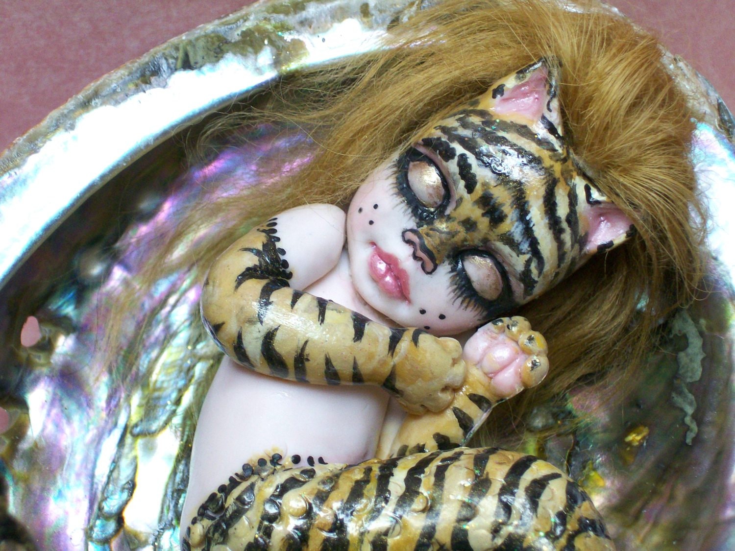 OOAK art doll fantasy mermaid baby polymer clay sculpture holloween fairy tiger   IADR       free shipping