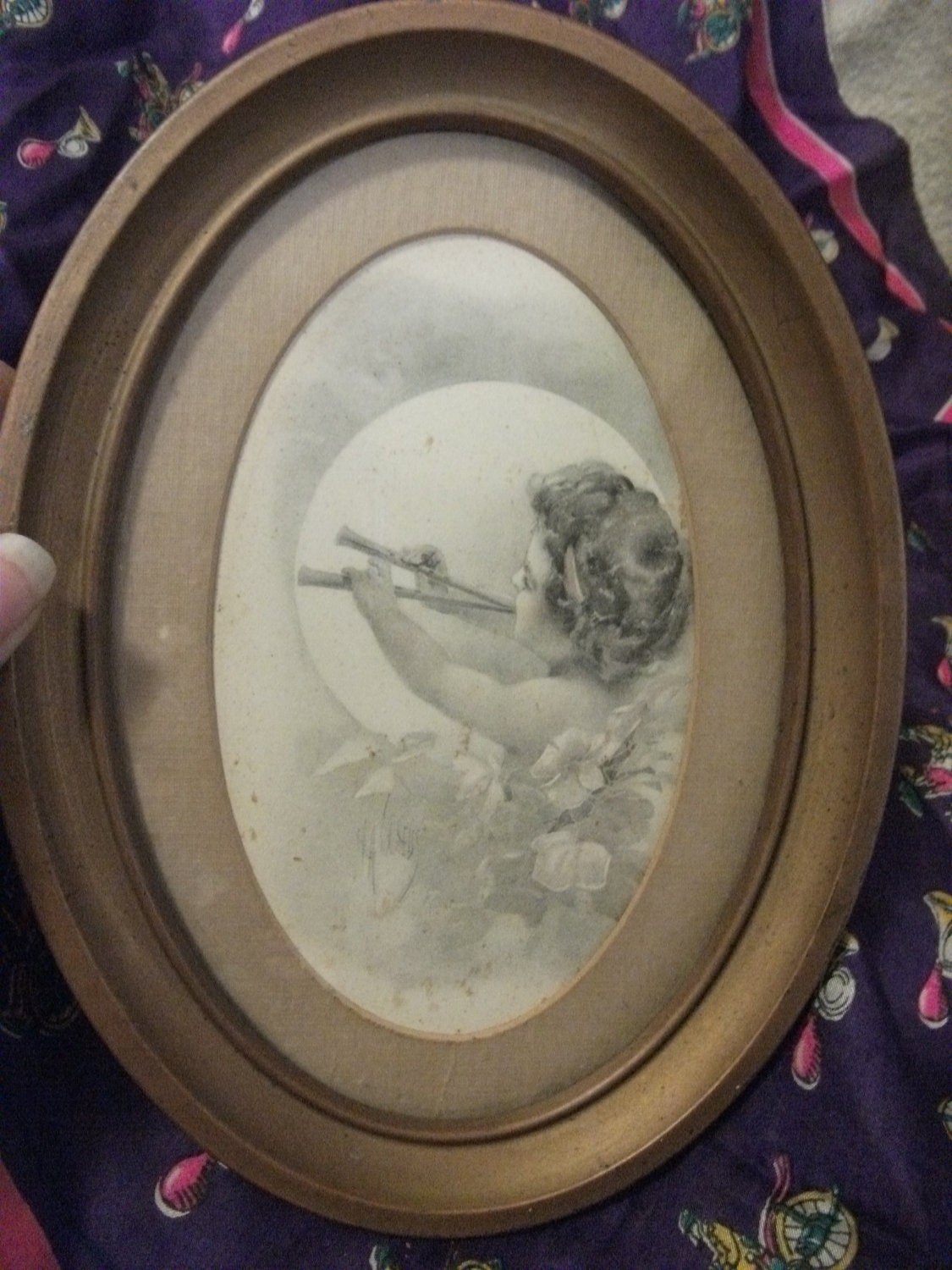 Antique Matted and Framed Old Art Postcard in Metal Oval Frame Pan Playing the Flute Victorian Neoclassical Only 8 USD