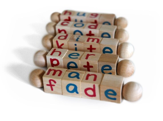 Montessori Silent E Reading Blocks, Educational Toy, Beginning Reader Tools, First Grade