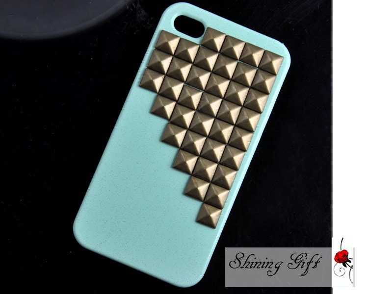 Bronze pyramid stud Mint Green case for iphone 4, 4S, 4G, 4gs --Hard case cover for Apple Iphone