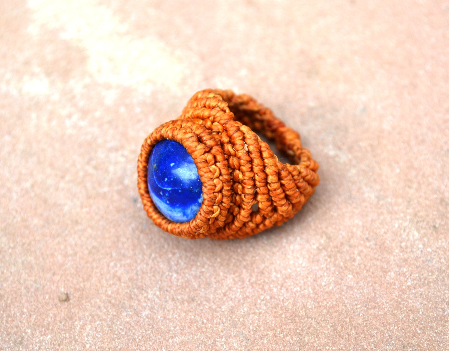Macrame Ring/ Blue Gemstone/ Sodalite/ Blue and Orange/ Unique Ring/ Boho ring/ Boho Jewelry