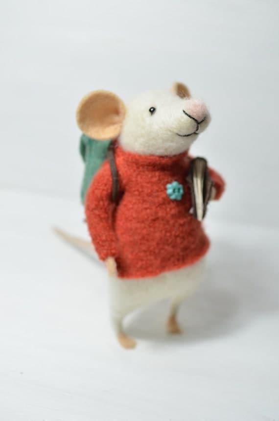 Little Traveler Mouse - unique - needle felted ornament animal, felting dreams made to order