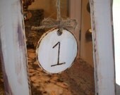 Rustic Reception Table Marker Picture Frame with wooden circle with your table number burned into the wood.