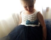 Flower Girl Tutu Dress Crochet Bodice Nautical Navy Blue and White with Crochet Bow Infant to Toddler Size 3