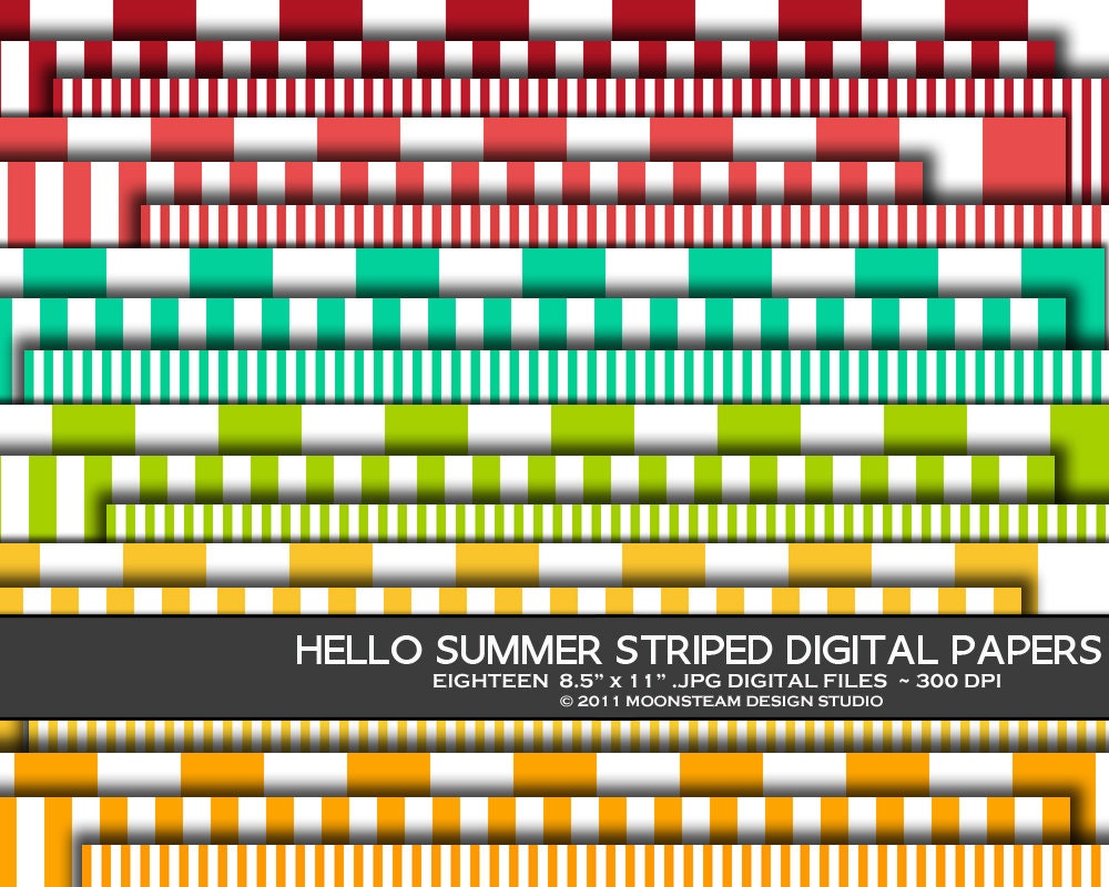 INSTANT DOWNLOAD Hello Summer Striped Digital Backgrounds Orange Yellow Lime Turquoise Red Stripes Digital Paper 8.5x11 or 12x12 or A4
