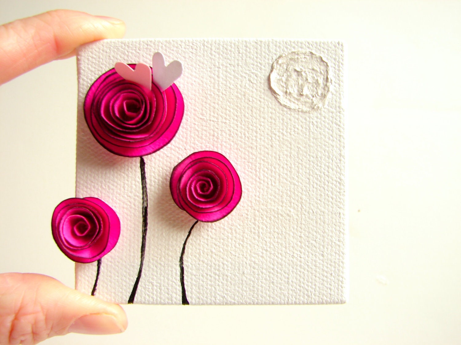 Fusia Red Magenta Paper Rosettes, Die-Cut Hearts-Home Decor, Valentines Day, Love Day for Her-Mixed Media Art on Canvas