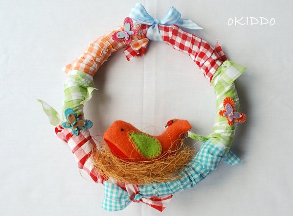 Kid's Wreath with bird and butterflies in multi colored Gingham