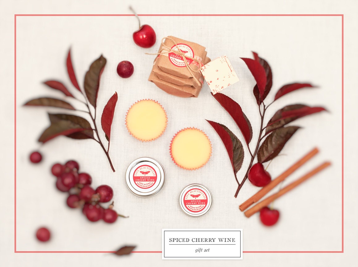 Lip Balm, Perfume, and Lotion Bars - Gift Set, Spiced Cherry Wine - Sweet Fruit, Aged Wood, and Spice - All Natural