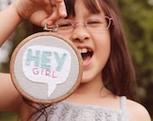 Embroidery Hoop Art. Hey Girl. Speech Bubble. Faux Bois Hoop by Catshy Crafts