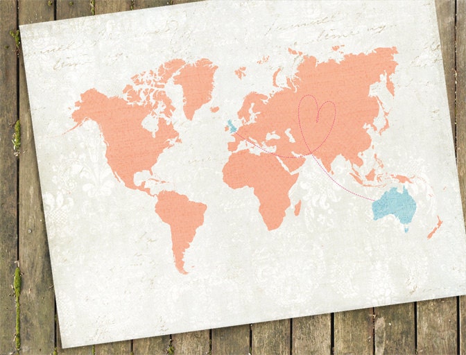 World Map Customized Love Heart Map  -  12x18  Silhouette Art Print  any colors and countries you choose  ( featured on TripWolf )