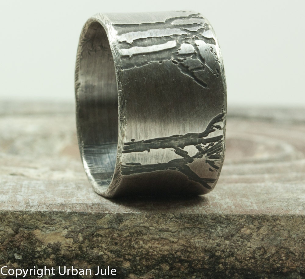 Tree Ring Sterling Silver Ring Etched Trees Unisex Rustic Tree Ring Promise Ring for HIm
