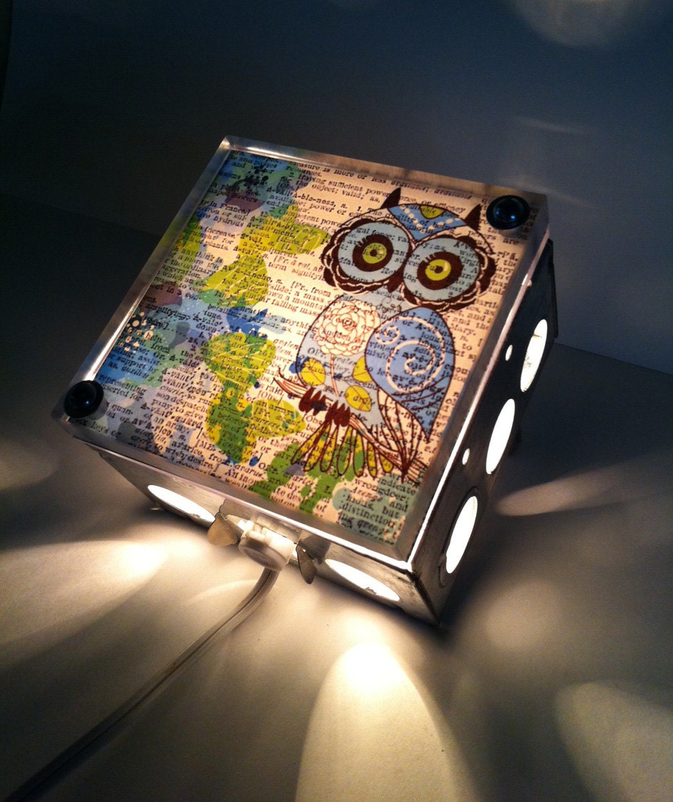 Precious Blue Floral Baby Owl - Repurposed Vintage Dictionary Print Design Night Light