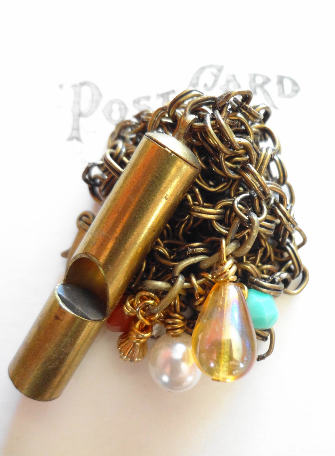 Vintage Whistle Necklace Made of Brass with an Assortment of Czech Glass Beads