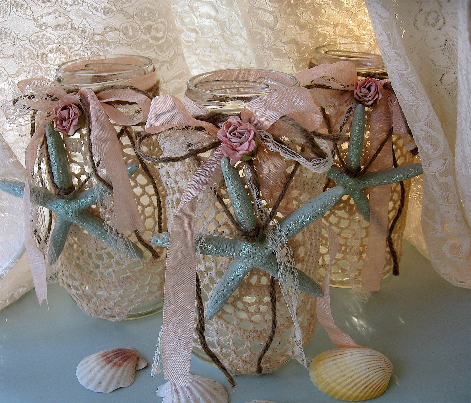 Mason Jar Lace Candle Holder-Vase- Wedding Centerpiece- Set of 2 Beach Cottage