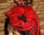 Womens Hats - Red sinamay swirl fascinator with feathers and flowers