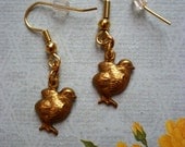 adorable fluffy chick vintage brass charm earring : sweet little chick duckling bird gold earrings