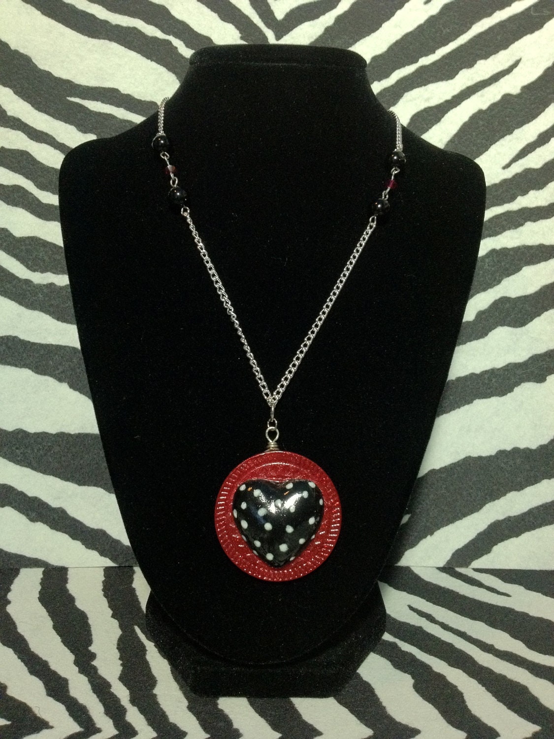 Black Polka Dot Heart Poker Chip Pendant Chain Necklace