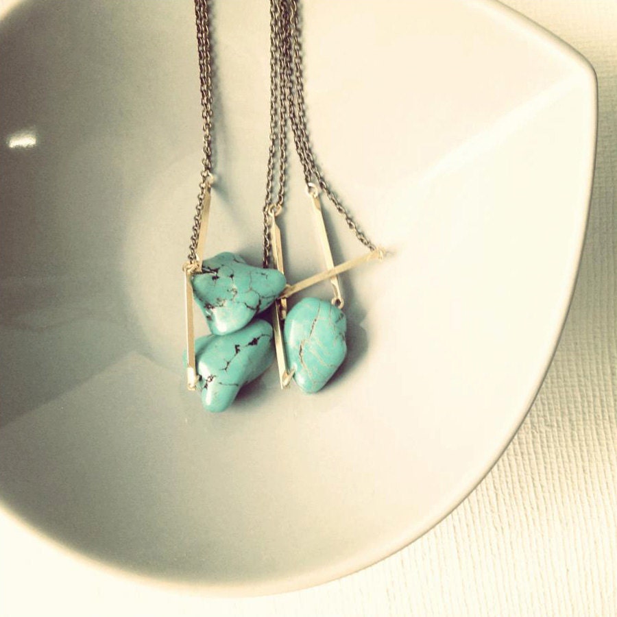 Turquoise Necklace : Single Raw Turquoise Magnesite Nugget on Brass, Gifts for her