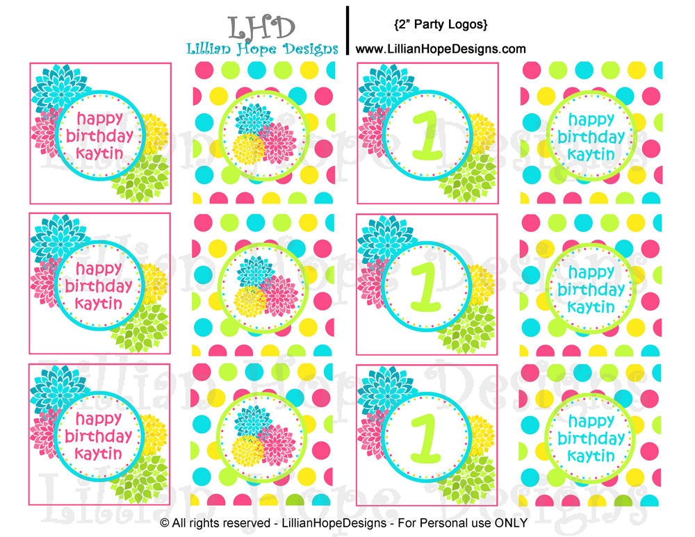 SUMMER Pool Party Cupcake Toppers - PRINTABLE Party Logos - Mod Flowers and Polka Dots - Lillian Hope Designs Il_570xn
