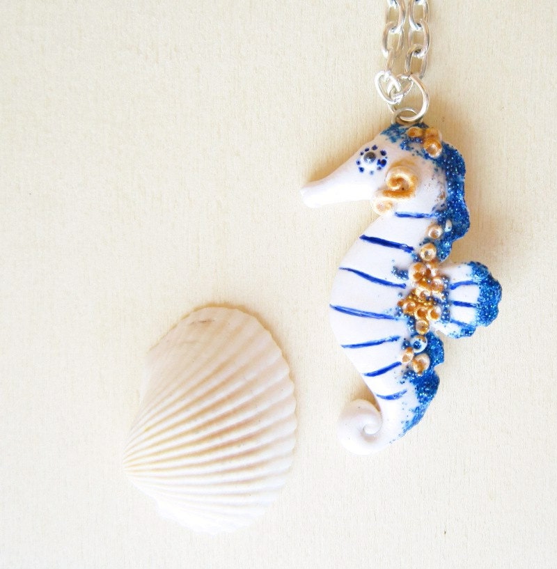 Seahorse necklace  white and blue polymer clay pendant