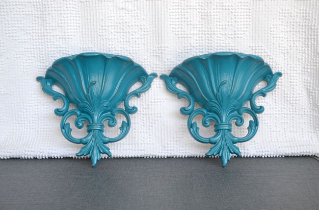Teal Turquoise Ornate Wall Pockets set of 2- Upcycled Traditional or Mid Century Modern Shabby Chic Wall Decor