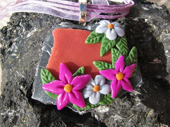 Faux Goldstone Polymer clay pendant "Purple Garden"