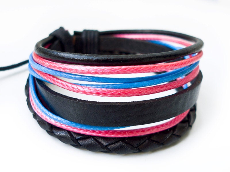 Simple Chic Black and Braided Leather with Hot Pink and Blue Wax Rope Adjustable Bracelet